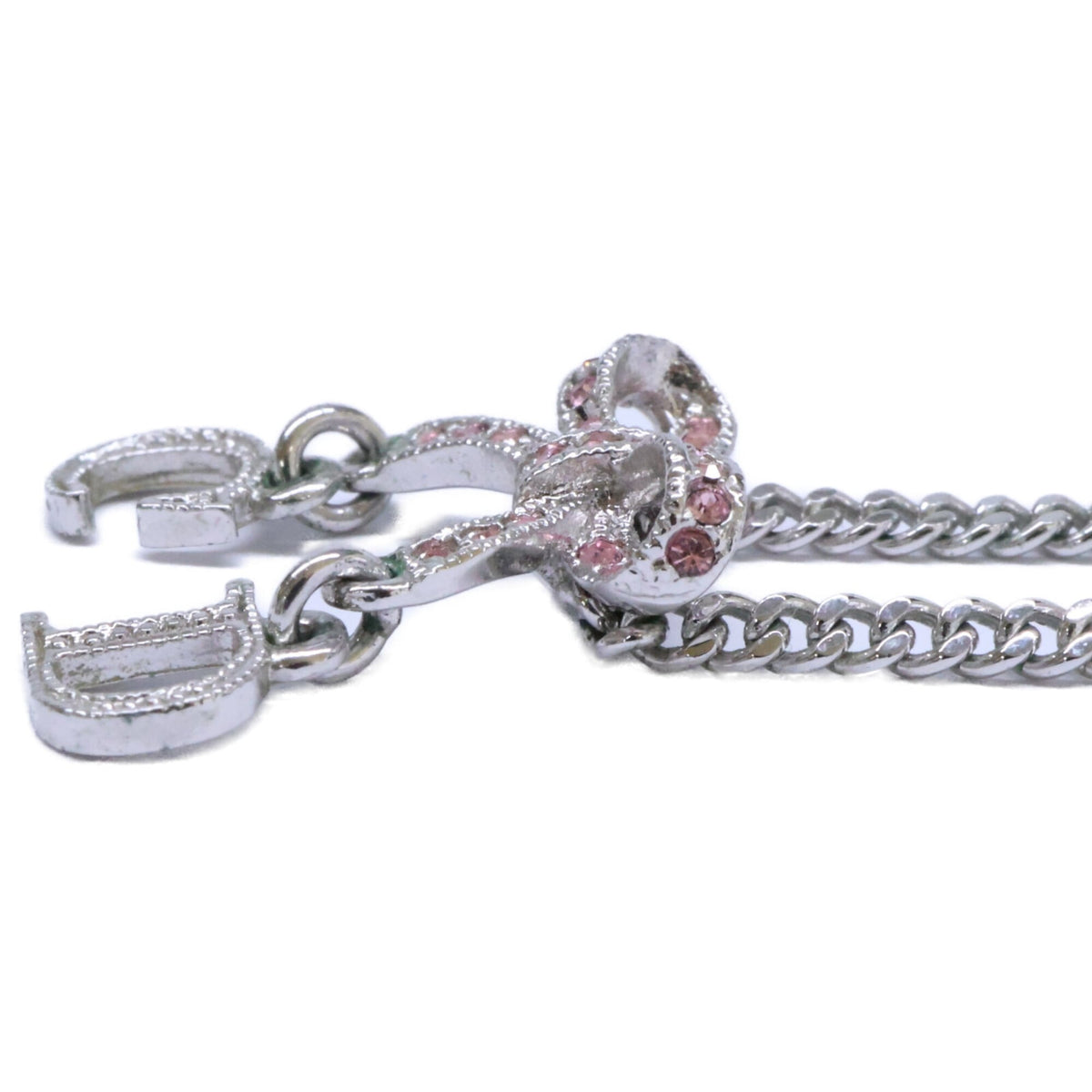 Ribbon Pendant Necklace Metal Pink and Silver with Rhinestone