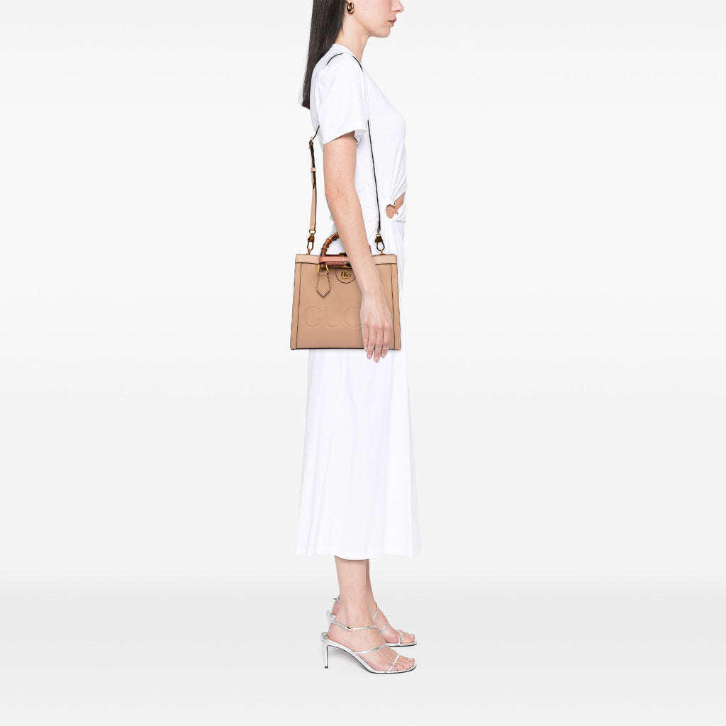 Diana NM Logo Bamboo Handle Tote Embossed Leather Small