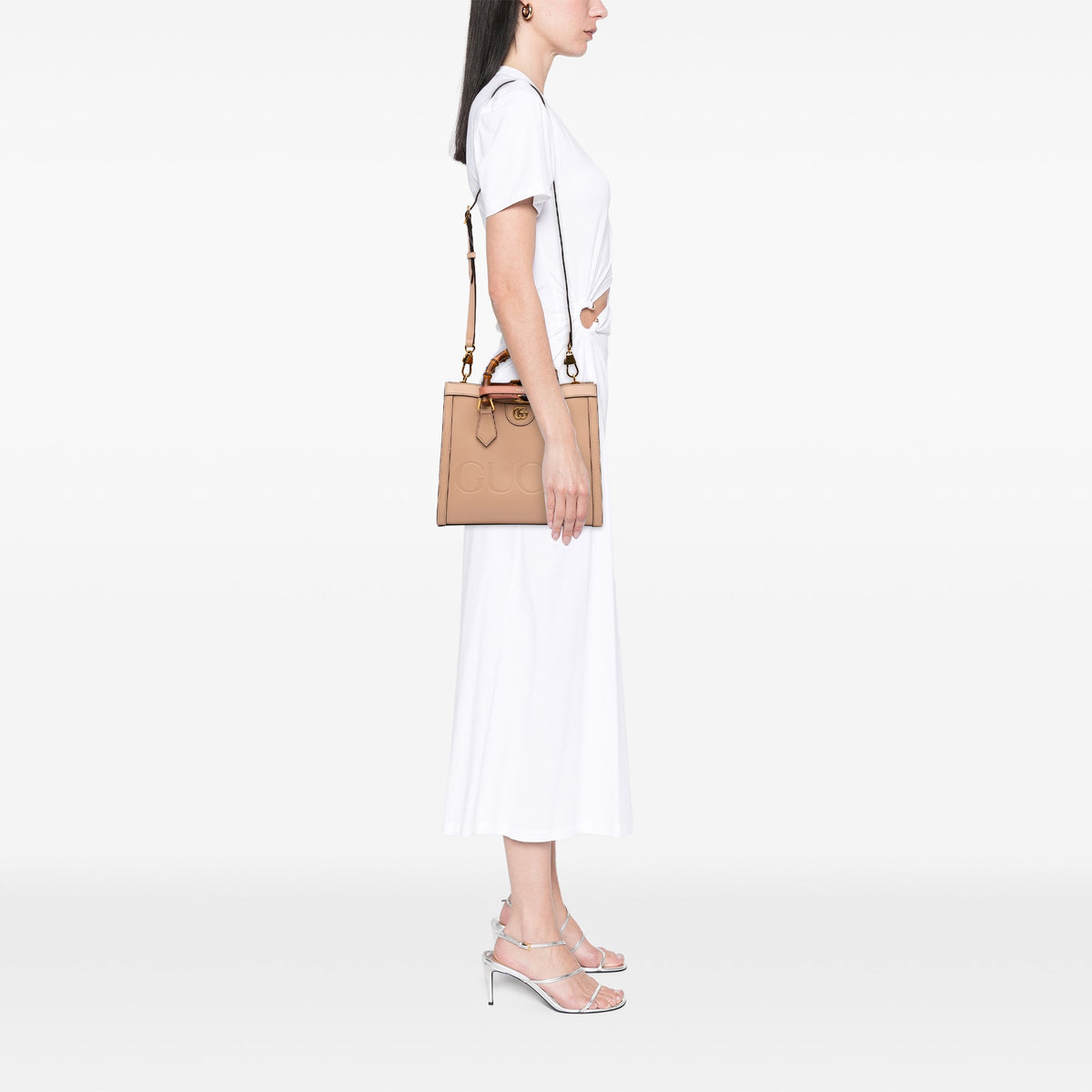 Diana NM Logo Bamboo Handle Tote Embossed Leather Small