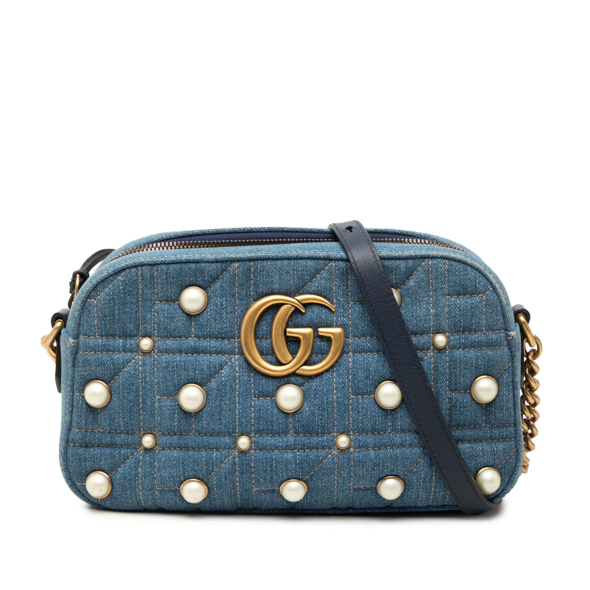 Pearly GG Marmont Shoulder Bag Embellished Matelasse Denim Small