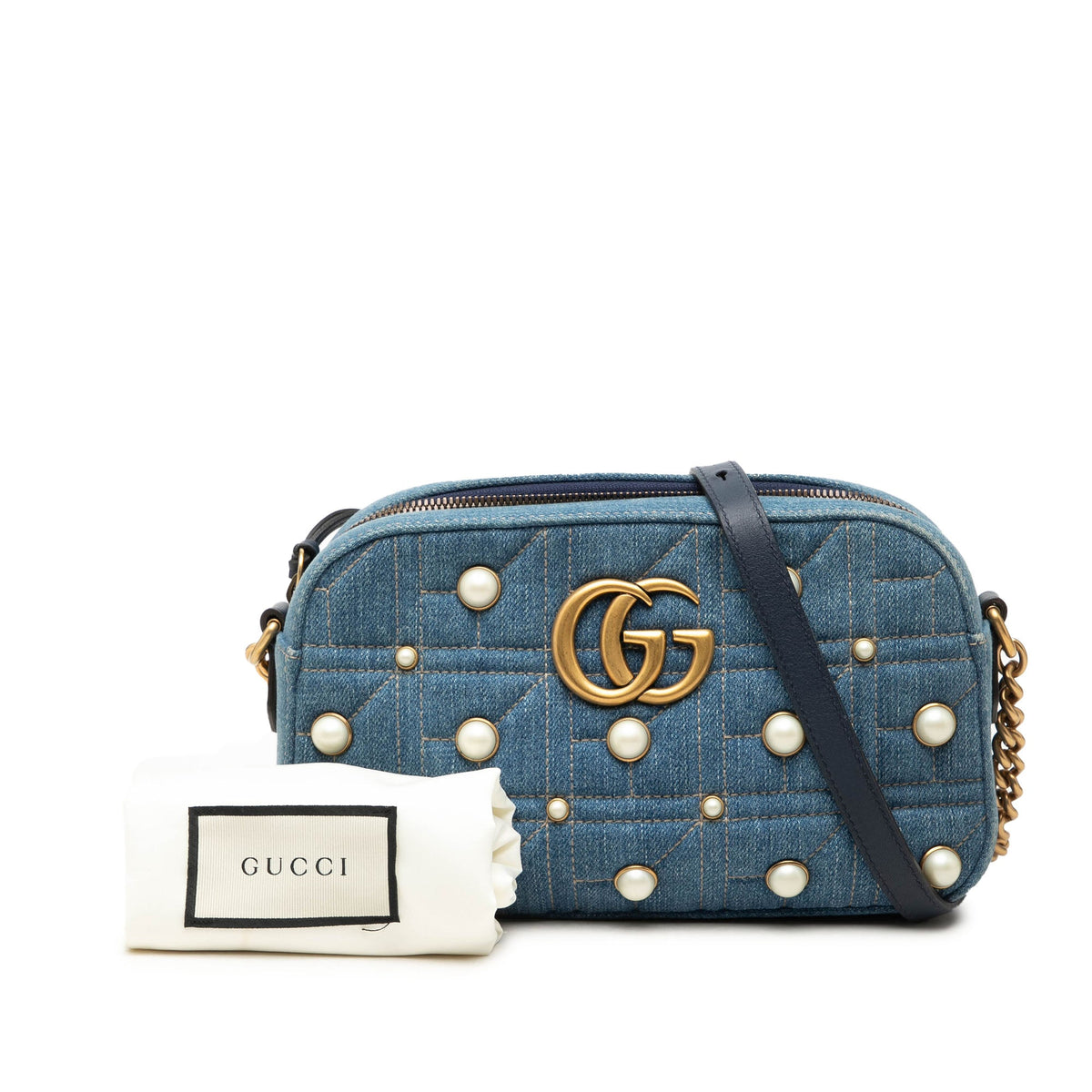 Pearly GG Marmont Shoulder Bag Embellished Matelasse Denim Small