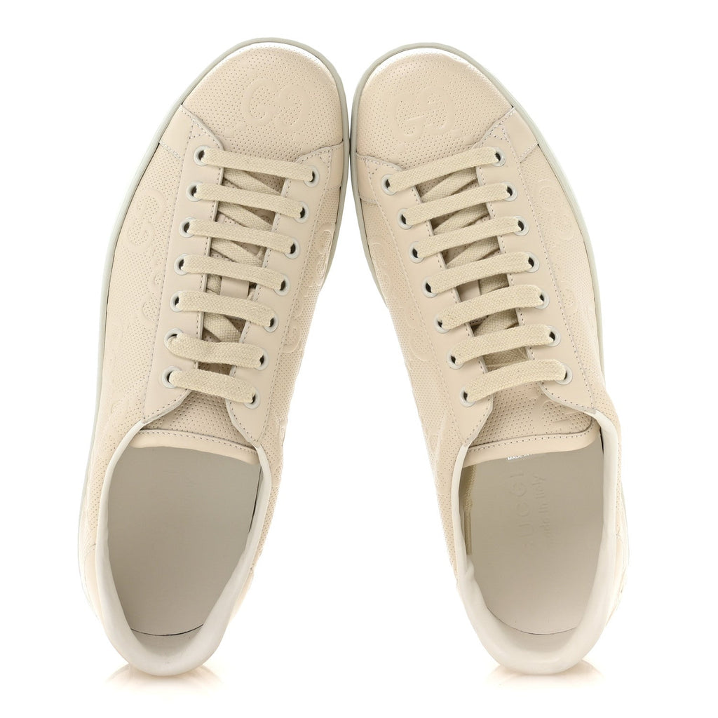 Calfskin GG Tennis Embossed Mens Ace Sneakers 8 Mystic White