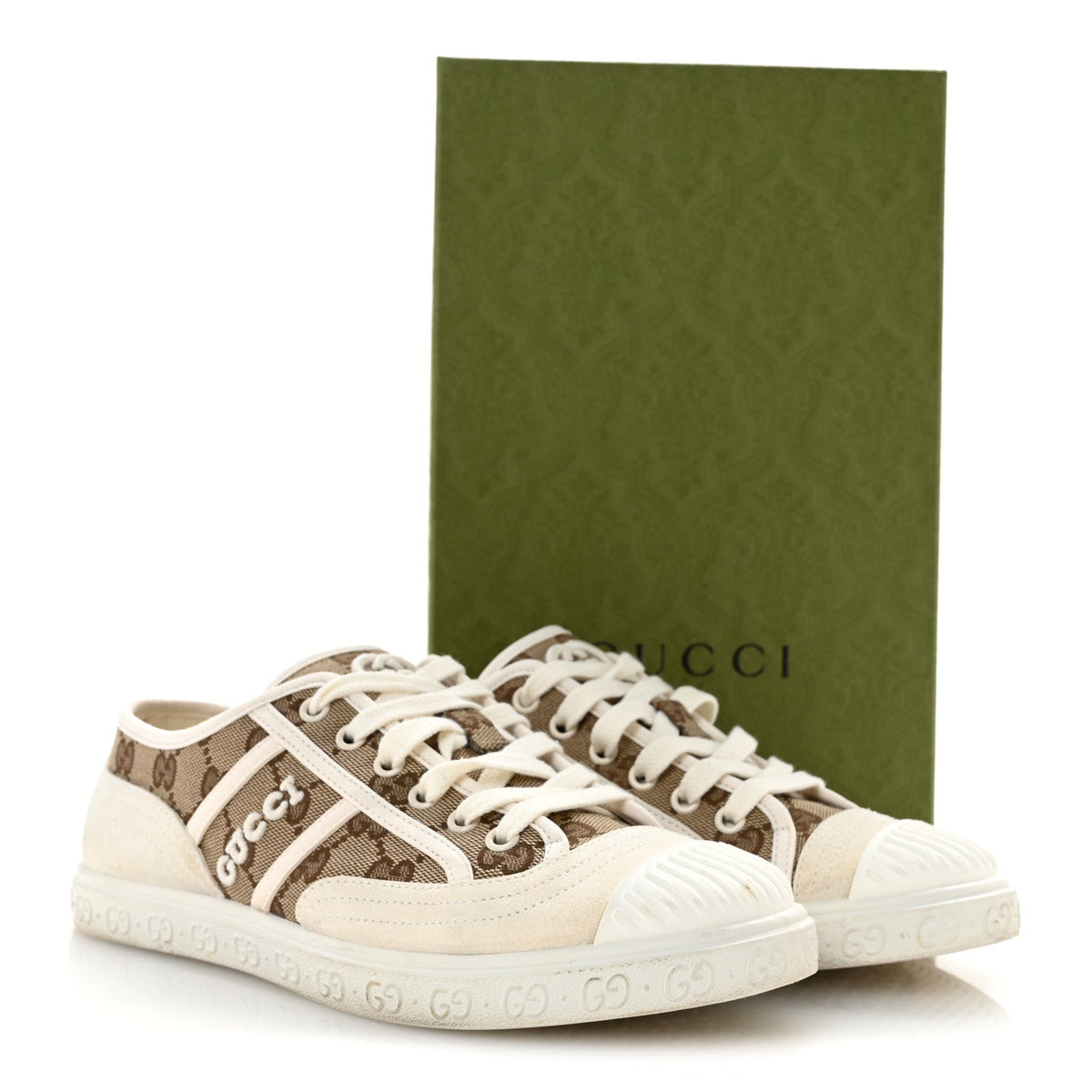 GG Monogram Suede Womens Low Top Sneakers 37 Beige Ebony Mystic White