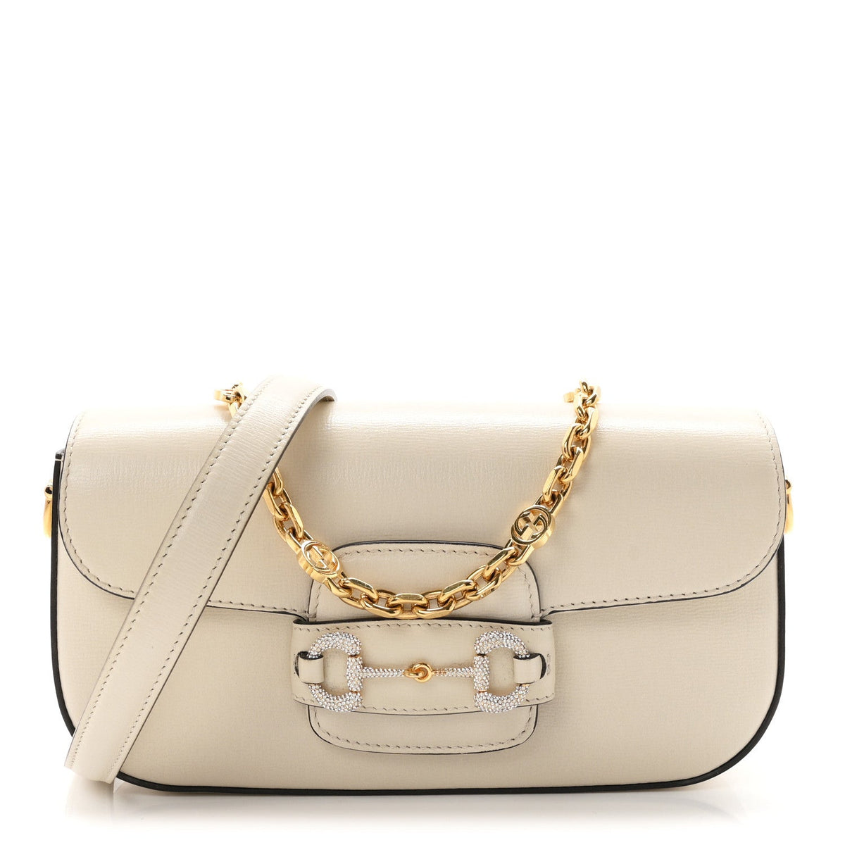 Azalea Calfskin Crystal Small Horsebit 1955 Chain Shoulder Bag White