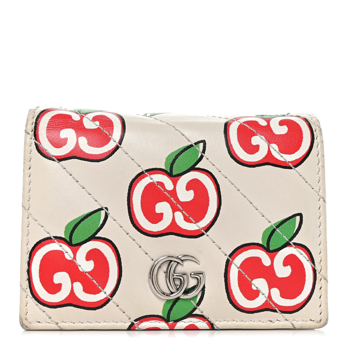 Calfskin Matelasse Diagonal GG Apple GG Marmont Card Case Wallet Ivory