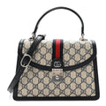 GG Supreme Monogram Textured Dollar Calfskin Web Small Ophidia Padlock Top Handle Bag Beige Blue