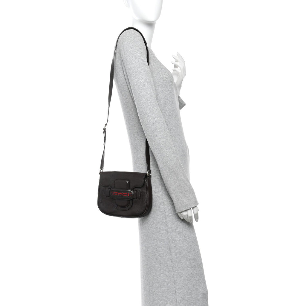 Pebbled Calfskin Web Small Dressage Shoulder Bag Dark Brown