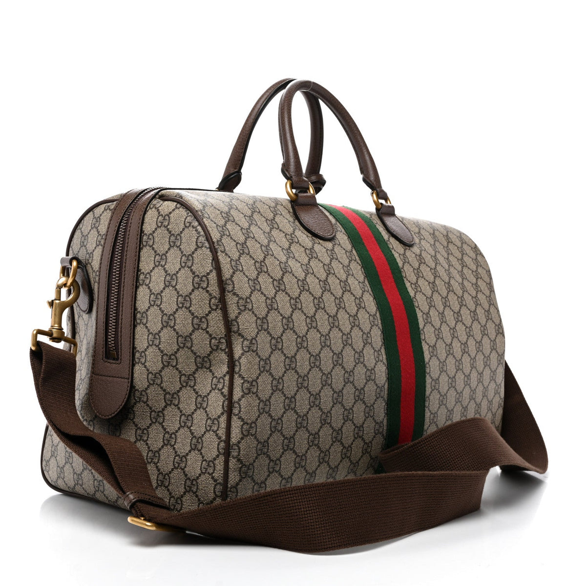 GG Supreme Monogram Textured Dollar Calfskin Web Medium Ophidia Carry-On Duffle Bag Beige Ebony New Acero