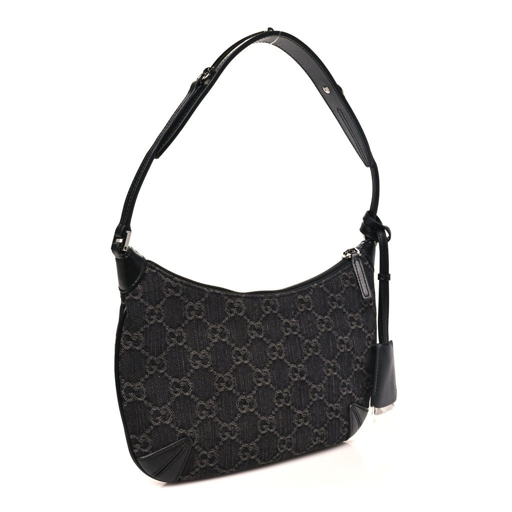 Jacquard Black Denim GG Monogram Horsebit Slim Small Shoulder Bag Black Grey