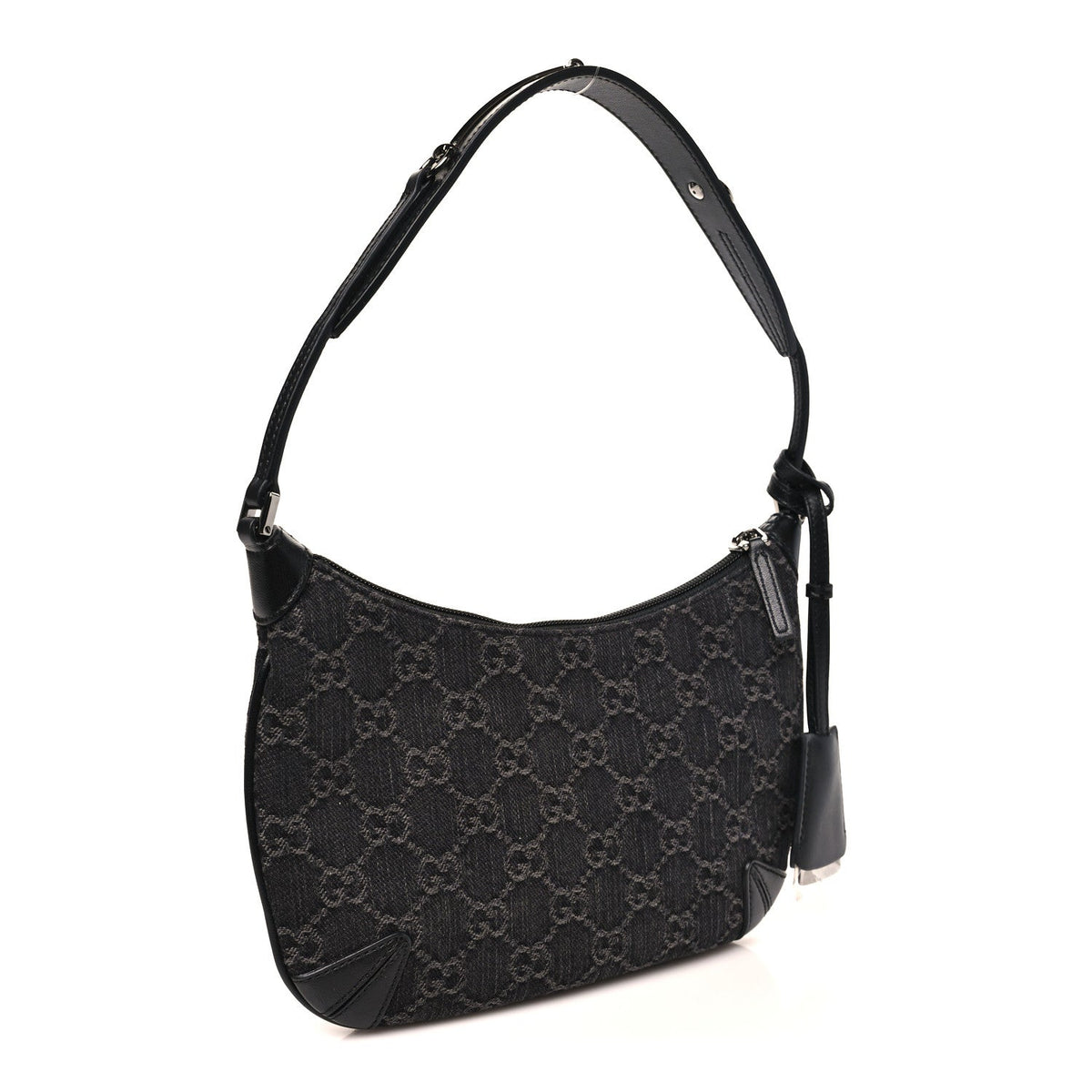 Jacquard Black Denim GG Monogram Horsebit Slim Small Shoulder Bag Black Grey
