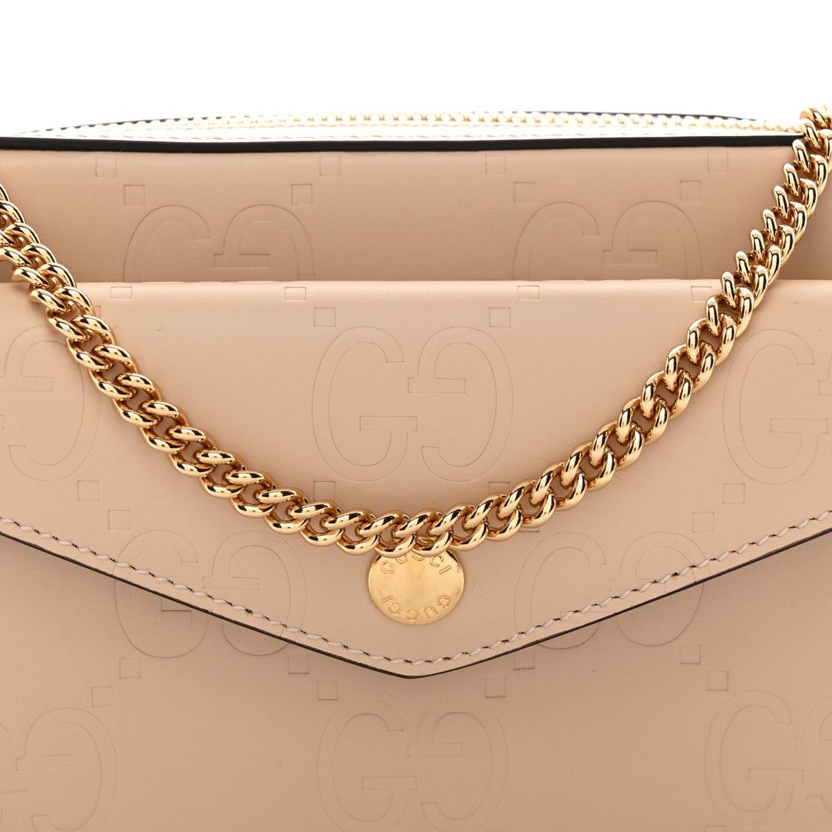 Calfskin GG Super Mini Debossed Chain Wallet Light Beige