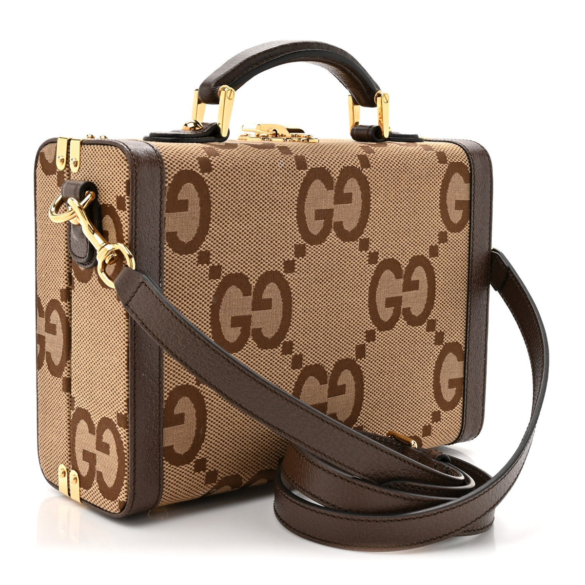 Monogram Jumbo GG Textured Dollar Calfskin Top Handle Beauty Case Camel Ebony New Acero
