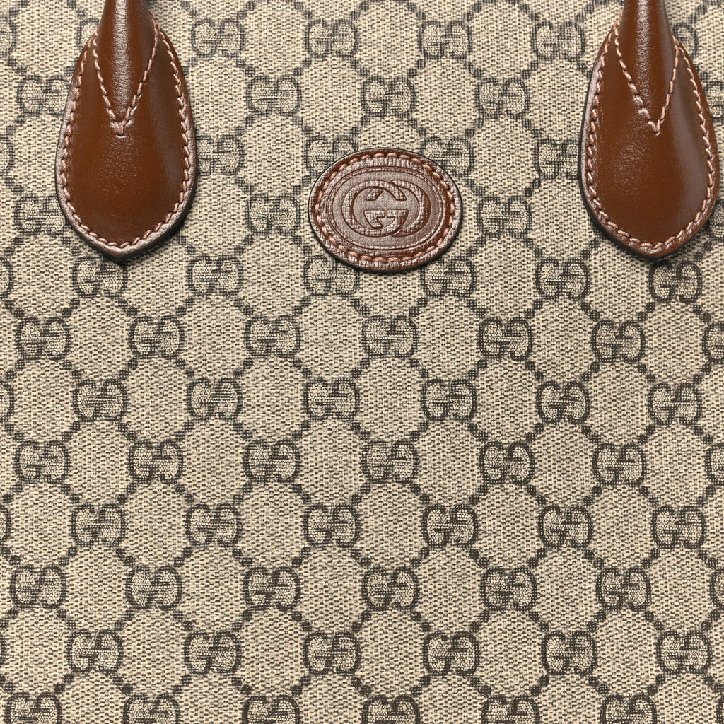 GG Supreme Monogram Azalea Calfskin Small Retro Interlocking G Tote Bag Beige Ebony Brown Sugar
