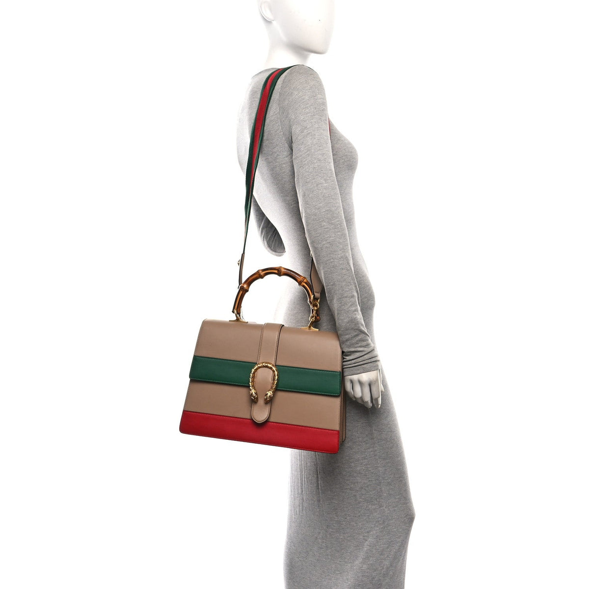Moon Calfskin Web Large Dionysus Bamboo Top Handle Bag Camelia Bright Evergreen Hibiscus Red
