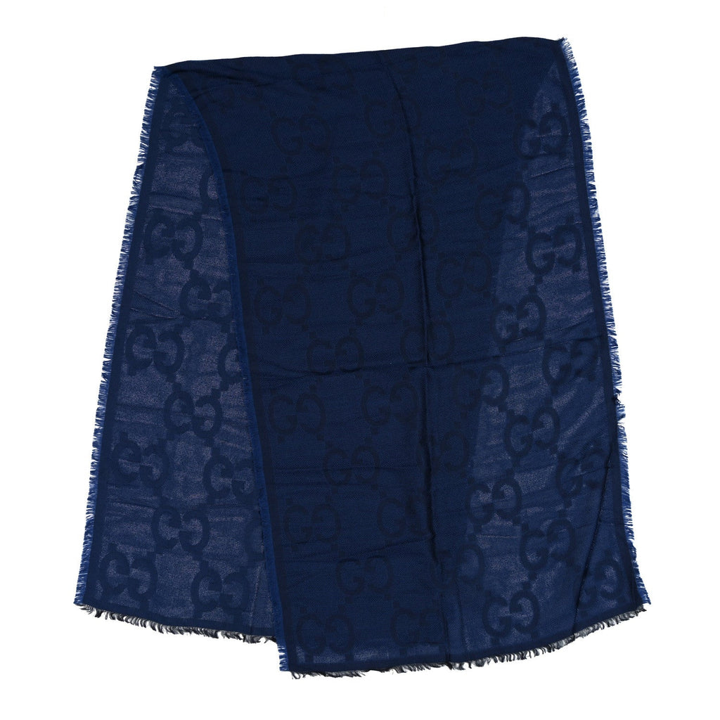 Wool Silk Monogram Jumbo GG Fringe Scarf Navy Blue Navy Blue