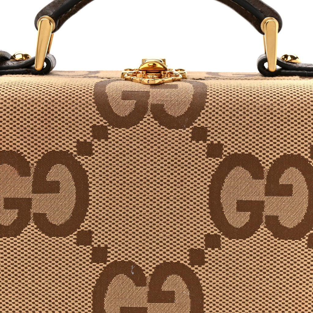 Monogram Jumbo GG Textured Dollar Calfskin Top Handle Beauty Case Camel Ebony New Acero