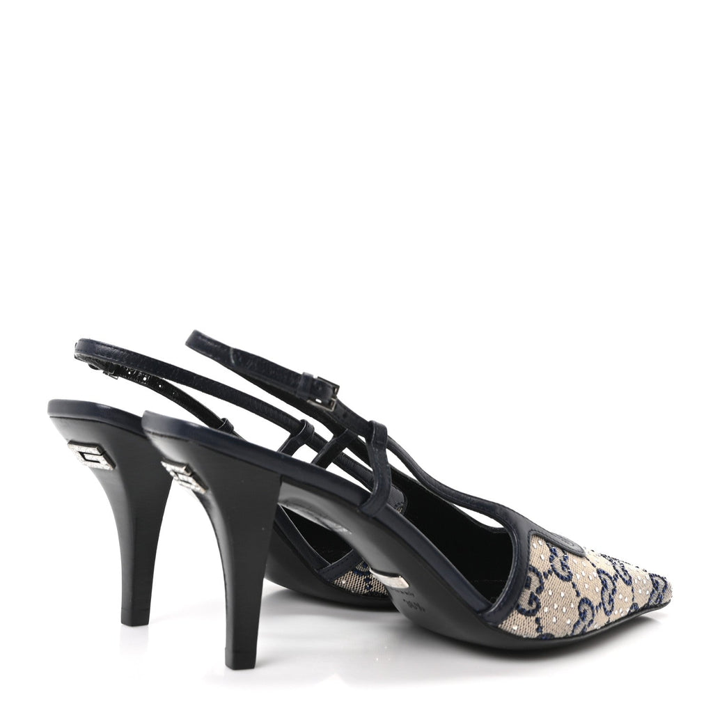 GG Monogram Malaga Kid Crystal Square G 75mm Slingback Pumps 36.5 Beige Blue