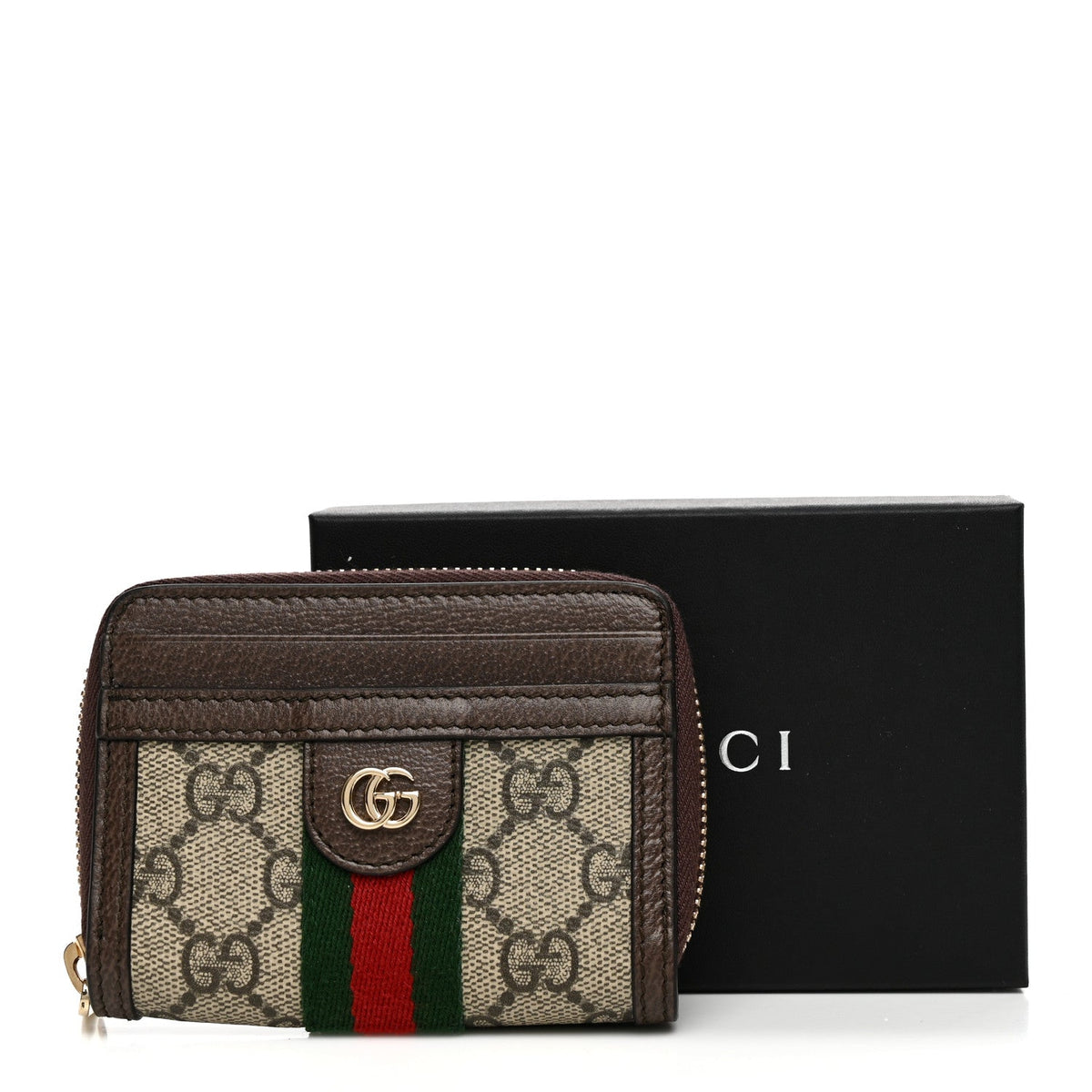GG Supreme Monogram Textured Dollar Calfskin Web Ophidia Zip Around Card Case Wallet Beige Ebony New Acero