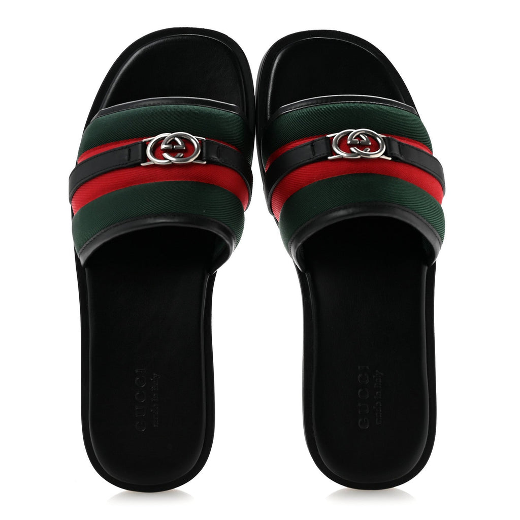 Nylon Calfskin Web Interlocking G Maverik Slide Sandals 12 Black Green Red