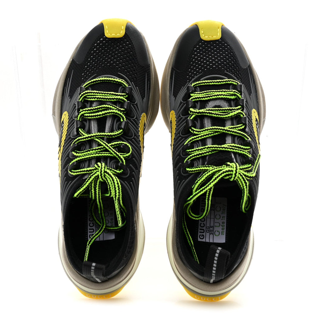 Technical Knit Fabric Waves Womens Gucci Run Sneakers 35.5 Black Silver Giallo Neon Yellow