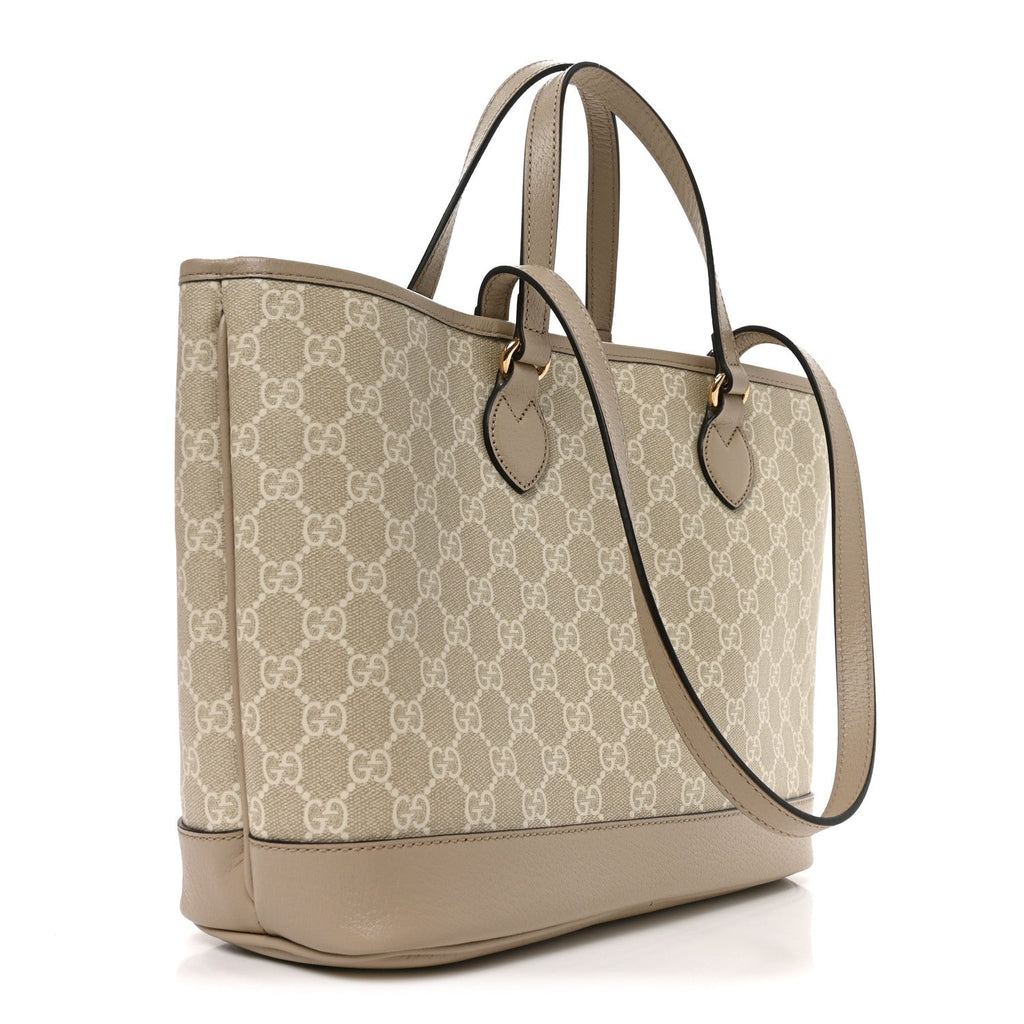 GG Supreme Monogram Textured Dollar Calfskin Small Ophidia Shoulder Tote Bag Beige Mystic White Oatmeal