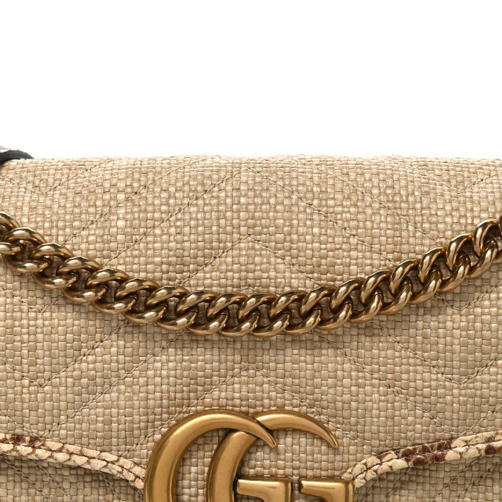 Raffia Elaphe Matelasse Small GG Marmont Shoulder Bag Natural Cream Brown