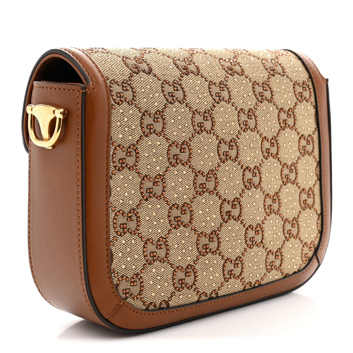 New Canvas Charisma Calfskin Crystal GG Monogram Mini Horsebit 1955 Shoulder Bag Camel Ebony