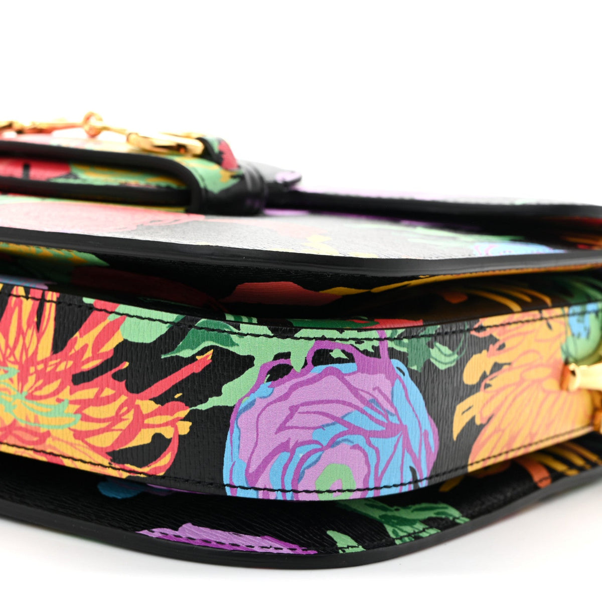 X KEN SCOTT New Shangai Calfskin Jenny Floral Print Horsebit 1955 Shoulder Bag Black Pink