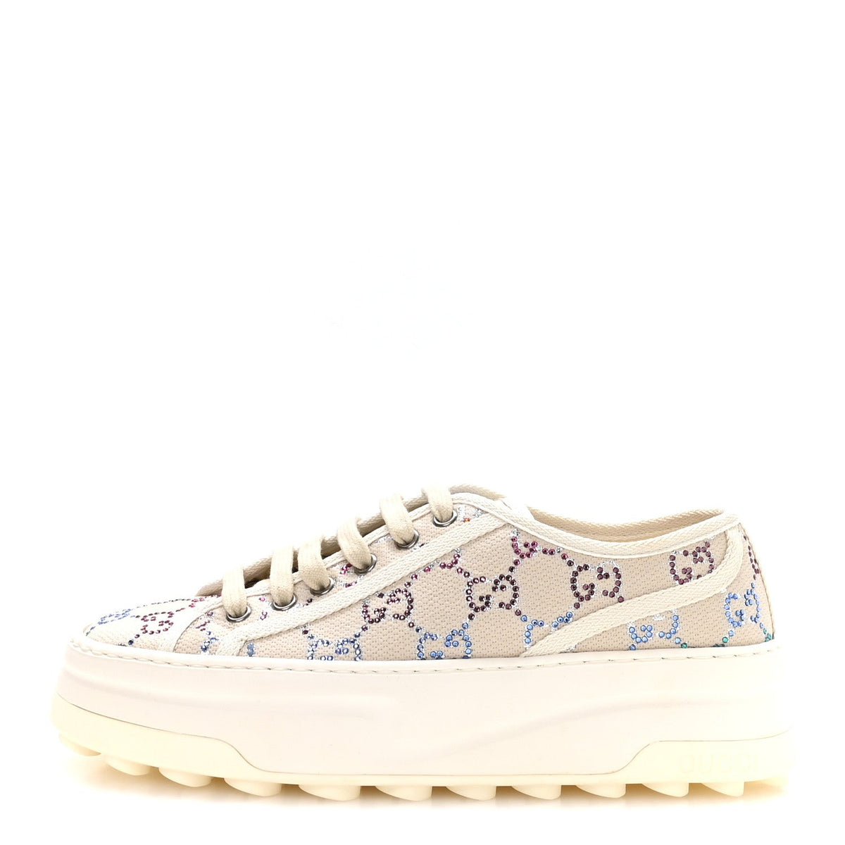 Canvas Lame Crystal GG Monogram Womens 1977 Tennis Platform 52mm Sneakers 38 Gardenia Silver Mystic White