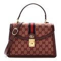 GG Supreme Monogram Textured Dollar Calfskin Web Small Ophidia Padlock Top Handle Bag Bordeaux