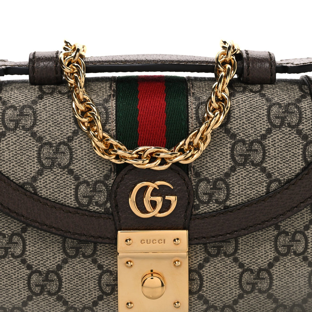 GG Supreme Monogram Textured Dollar Calfskin Web Mini Ophidia Padlock Top Handle Chain Shoulder Bag Beige Ebony New Acero