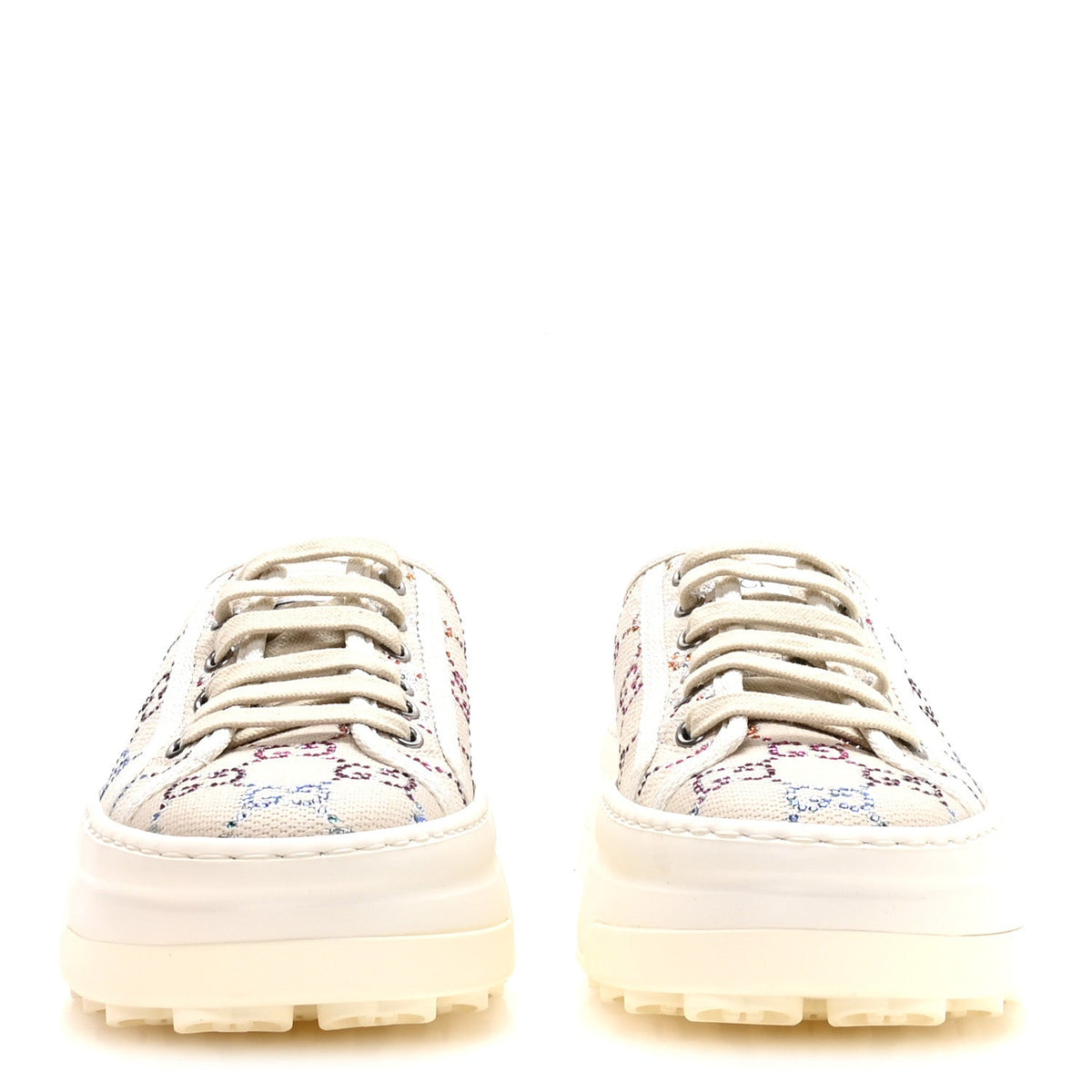 Canvas Lame Crystal GG Monogram Womens 1977 Tennis Platform 52mm Sneakers 38 Gardenia Silver Mystic White