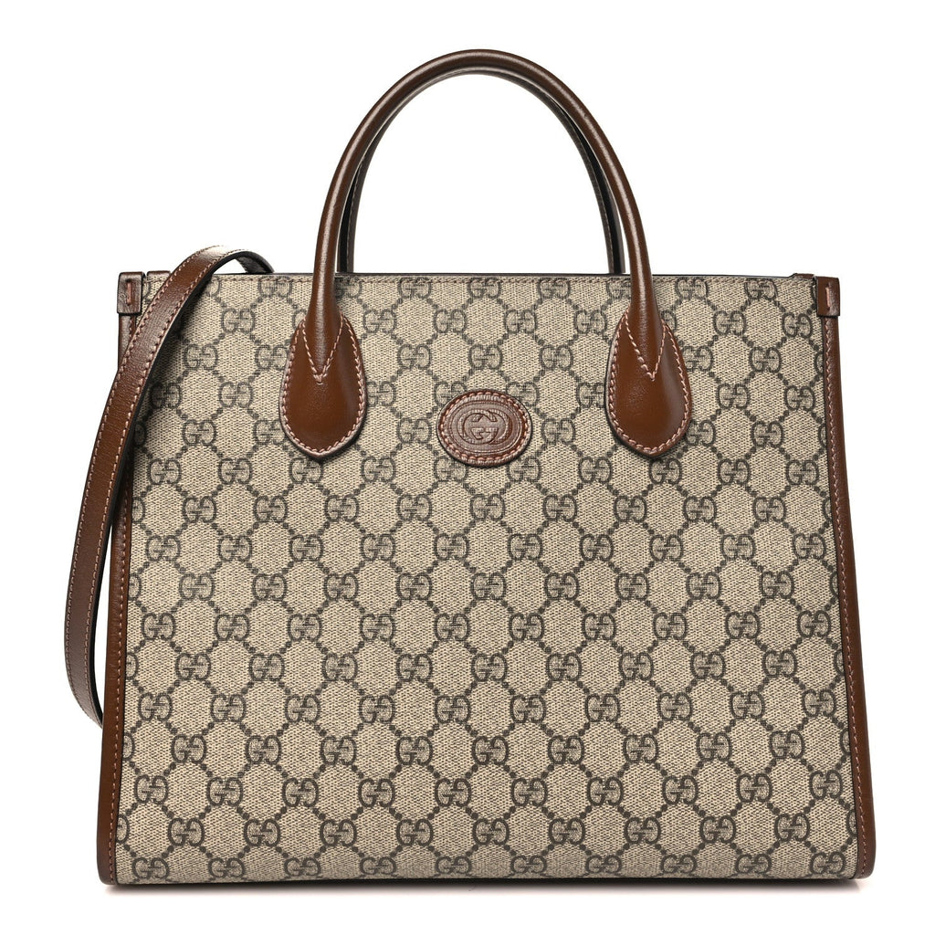 GG Supreme Monogram Azalea Calfskin Small Retro Interlocking G Tote Bag Beige Ebony Brown Sugar