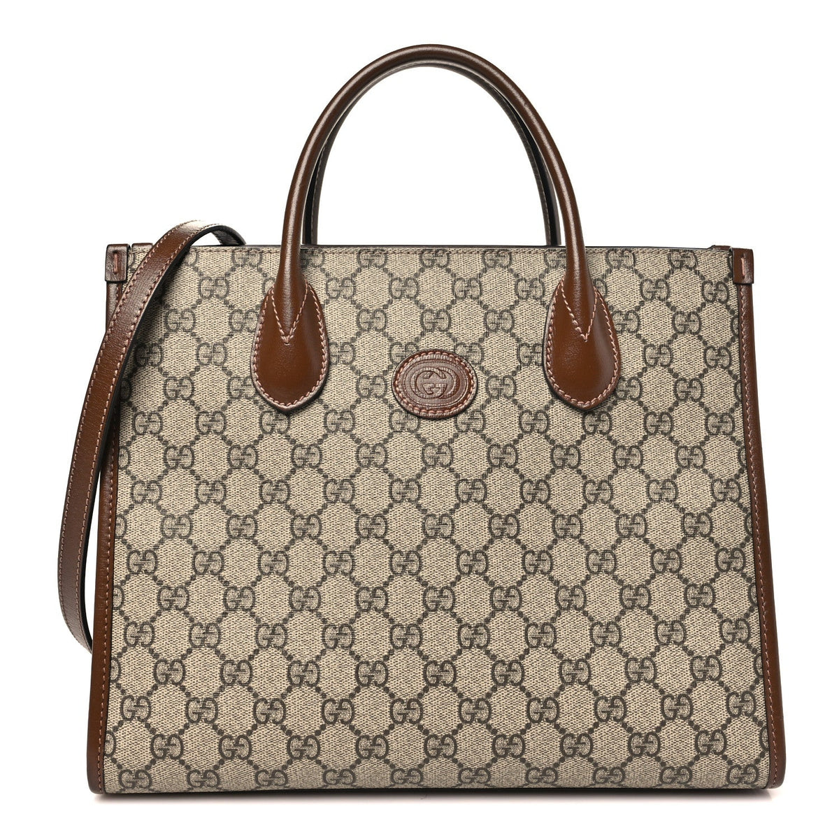 GG Supreme Monogram Azalea Calfskin Small Retro Interlocking G Tote Bag Beige Ebony Brown Sugar