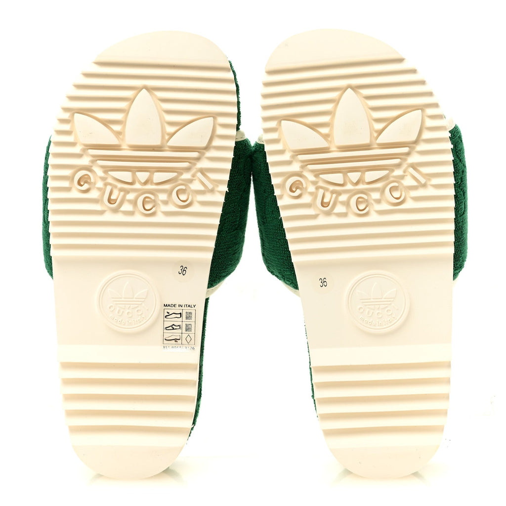 X ADIDAS Terry Cloth Trefoil GG Monogram Womens Platform Sandals 36 Green Off White