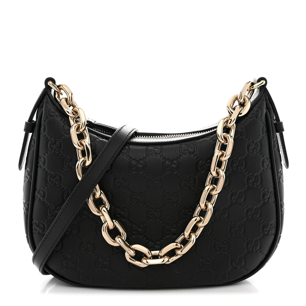 GG Grainy Calfskin Emblem Small Half Moon Shoulder Black