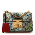 GG Supreme Monogram Blooms Small Padlock Shoulder Bag Beige Blue Navy Hibiscus Red