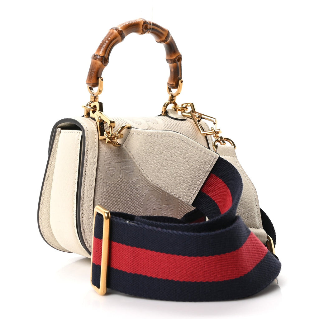Monogram Jumbo GG Textured Dollar Calfskin Web Mini Bamboo 1947 Top Handle Bag Off White