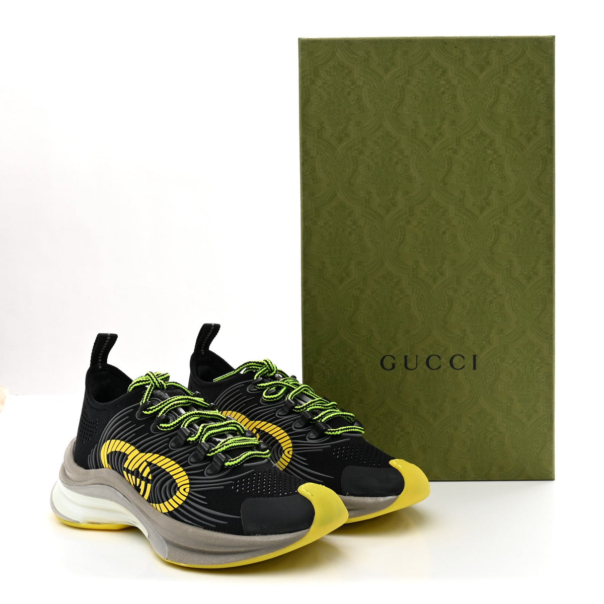 Technical Knit Fabric Waves Womens Gucci Run Sneakers 35.5 Black Silver Giallo Neon Yellow