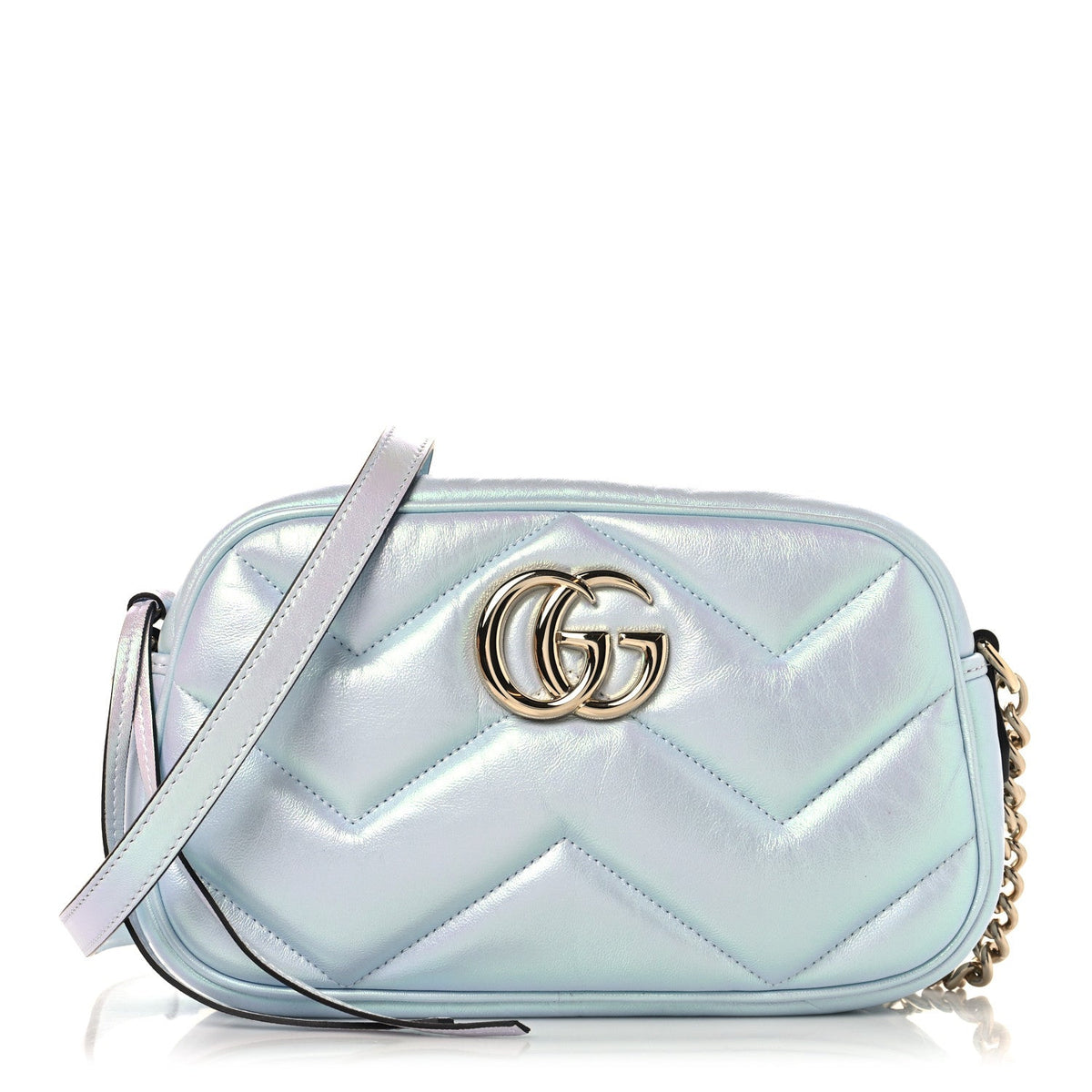 Iridescent Nappa Chevron Matelasse Small GG Marmont Chain Shoulder Bag Iridescent Snow Light Blue