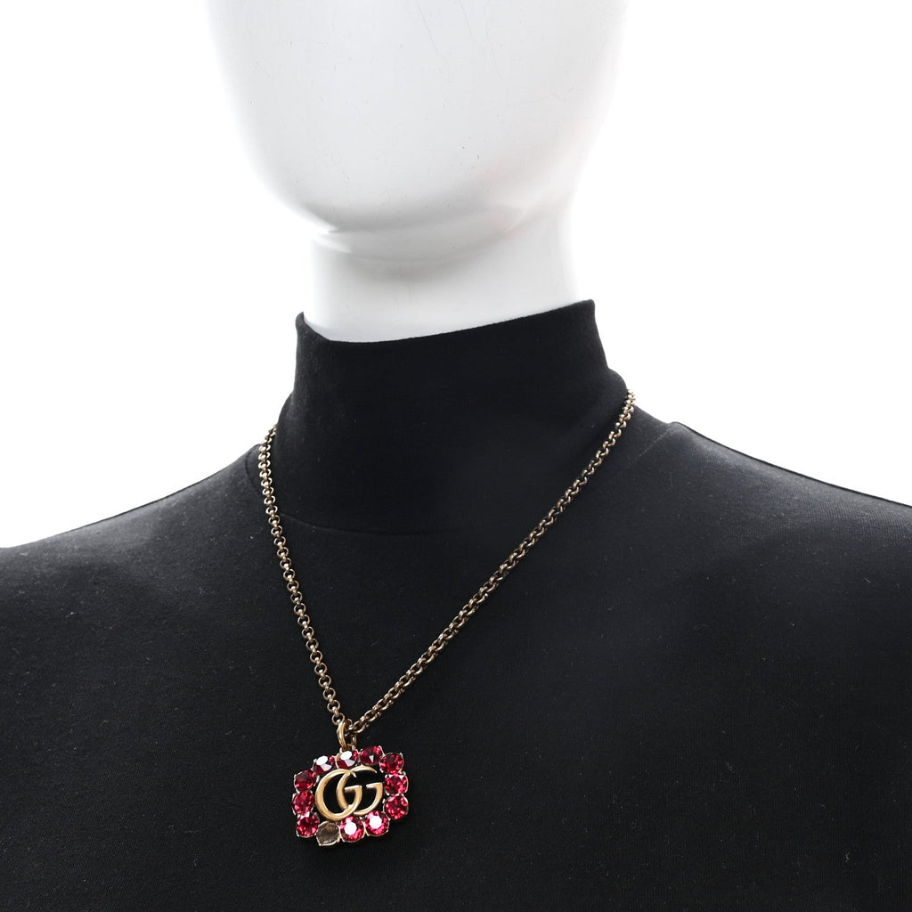Crystal Embellished Double G Necklace Aged Gold Red