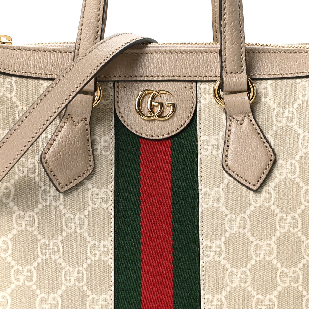 GG Supreme Monogram Textured Dollar Calfskin Web Small Ophidia Tote Bag Beige Mystic White Oatmeal