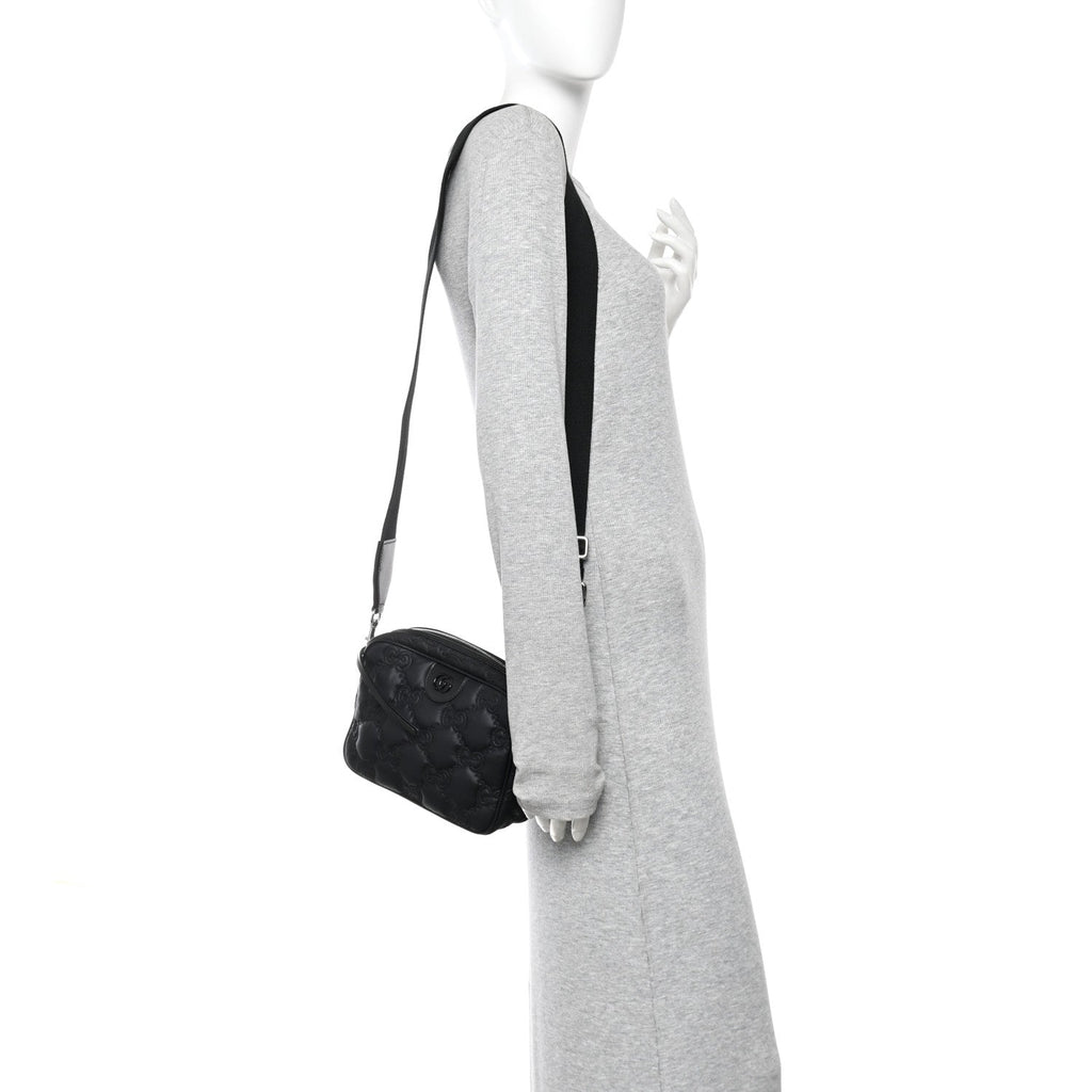 Nylon Calfskin Enamel GG Matelasse Shoulder Bag Black