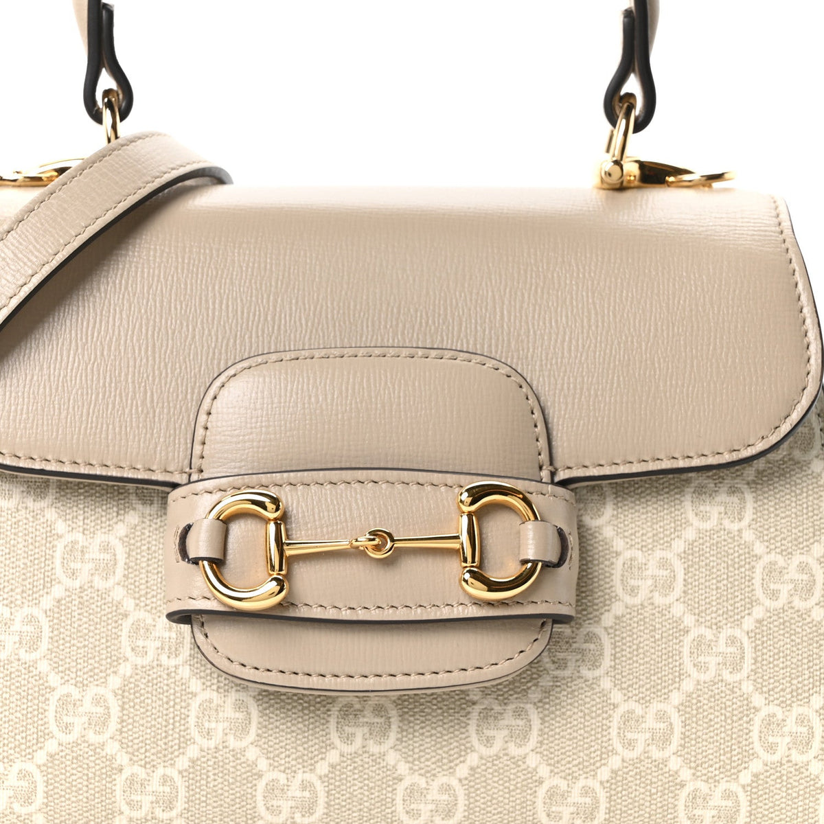 GG Supreme Monogram Azalea Calfskin Mini Horsebit 1955 Top Handle Flap Bag Beige Mystic White Oatmeal