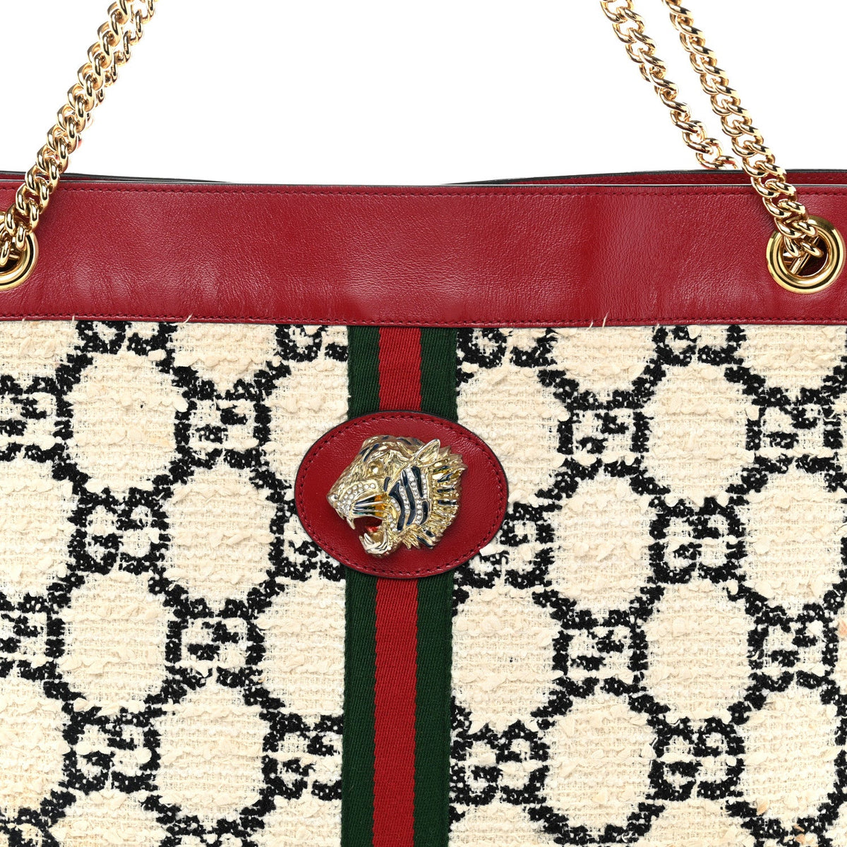 Tweed GG Monogram Large Rajah Chain Tote White Black Romantic Cherry