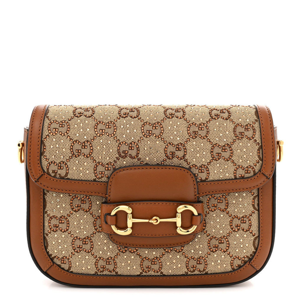 New Canvas Charisma Calfskin Crystal GG Monogram Mini Horsebit 1955 Shoulder Bag Camel Ebony