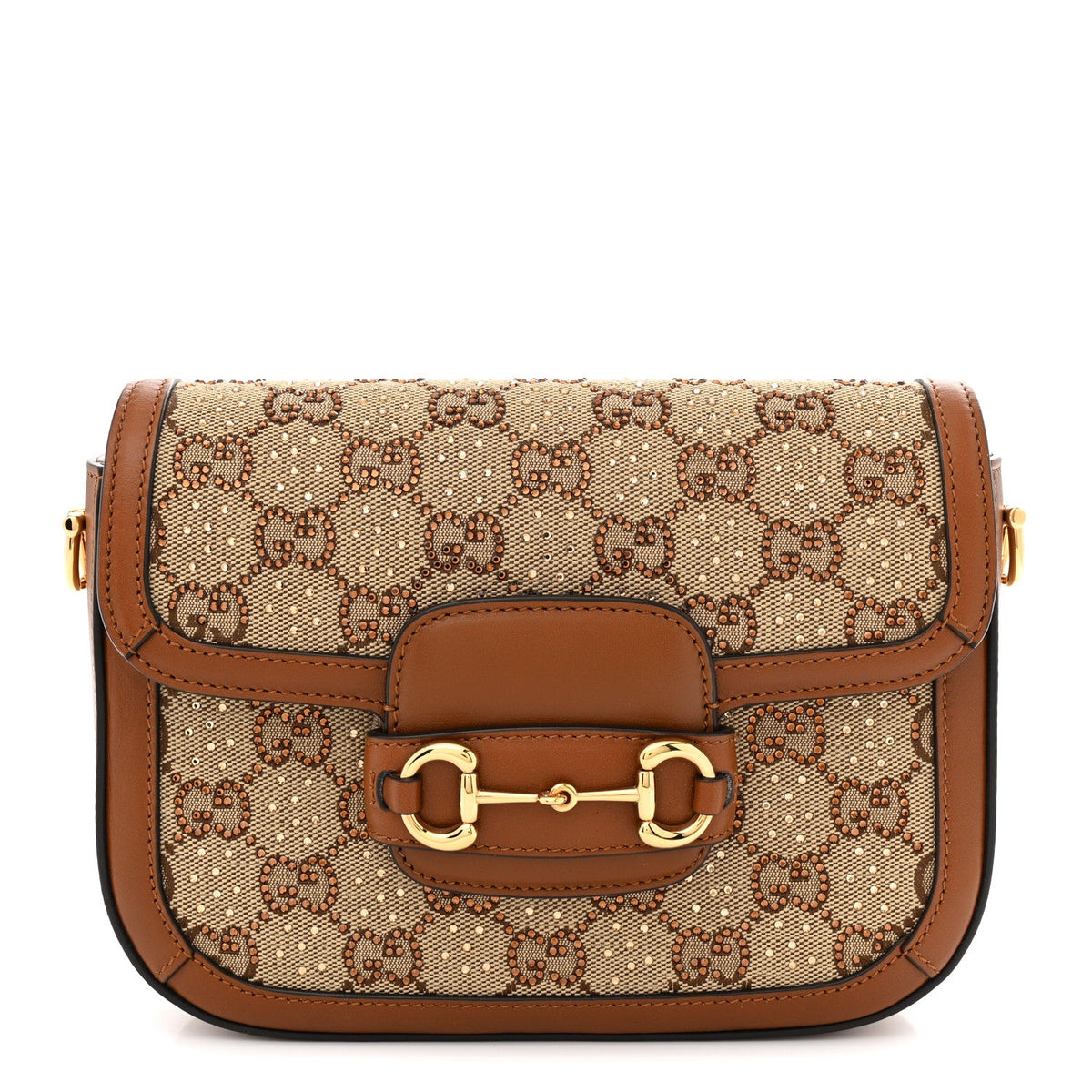 New Canvas Charisma Calfskin Crystal GG Monogram Mini Horsebit 1955 Shoulder Bag Camel Ebony