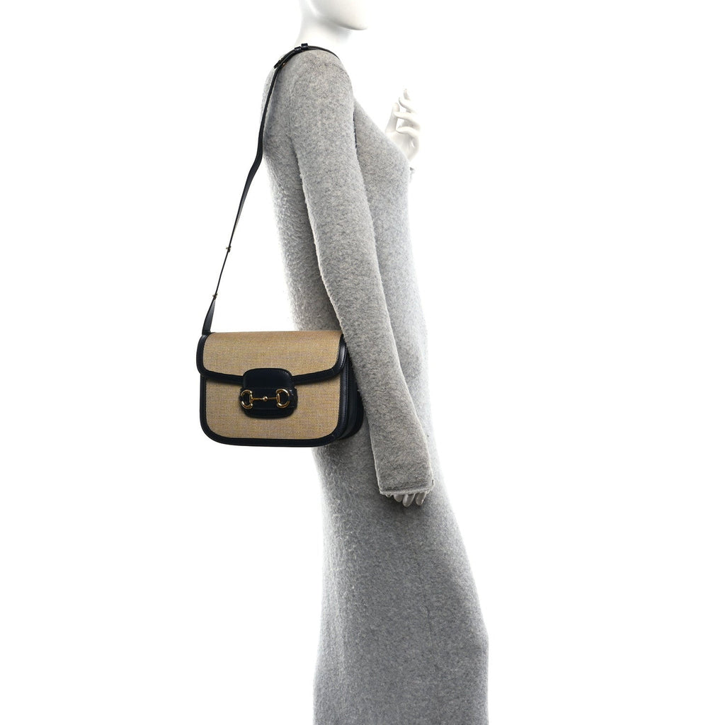 Vintage Rice Canvas Plutone Calfskin Horsebit 1955 Shoulder Bag Beige Blue