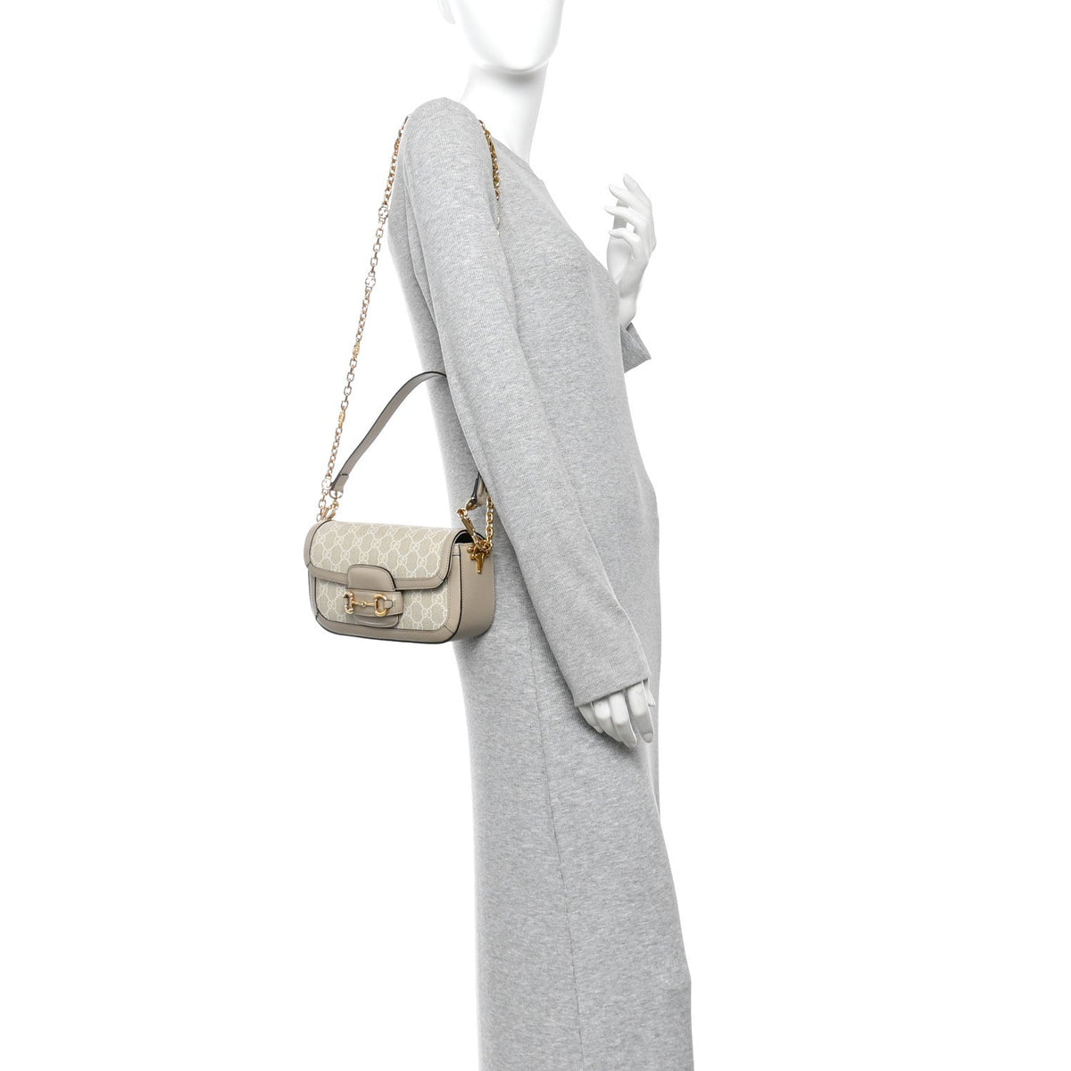 GG Supreme Monogram Small Horsebit 1955 Chain Shoulder Bag Beige Mystic White