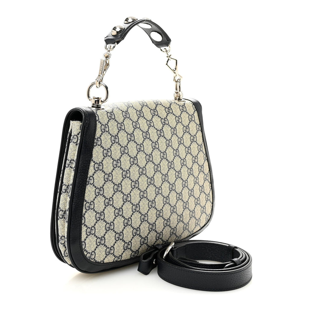 GG Supreme Monogram Textured Dollar Calfskin Web Medium Blondie Top Handle Shoulder Flap Bag Beige Blue